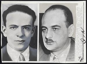 Named by Miss Bentley - In - Investigating committee, Elizabeth Bentley, former Soviet agent, named Victor Perlo (left) and John Abt (right) as members of a communist spy ring that turned over U.S. war secrets to Russian agents. Perlo is a former War Production Board official. Abt was formerly with the CIO-PAC.