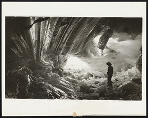 Ice Cave. Geologists hail the discovery of this ice cavern in the Dana Glacier because it afforded them a hitherto lacking opportunity to study the structure and strata of a glacier. It is 150 feet deep.
