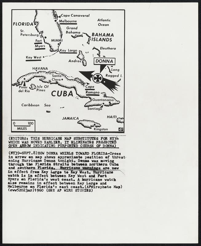 How Donna Whirls Toward Florida -- Cross in arrow on map shows approximate position of threatening Hurricane Donna tonight. Donna was moving through the Florida Straits between northern Cuba and southern Florida. Hurricane warnings are now in effect from Key Large to Key West. Hurricane watch is in effect between Key West and Fort Myers on Florida’s west coast. A hurricane watch also remains in effect between Key Large and Melbourne on Florida’s east coast.