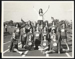 Bubbling Somerville High cheerleaders make like a pyramid to get their point across during the action. Front, from left, Renee Ganivon, Barbara Hill, Mary Lou Reeves, and Judy Borbella. Center, Nancy Saro, Mary Chin, Leah Hilton, Denise Brown. Rear, Claudia Tedesco, Linda Drago, Nancy Meadows, Joanne Cashman (Capt.) Chris Loveys, Jean DiPenna and Joyce Morin.