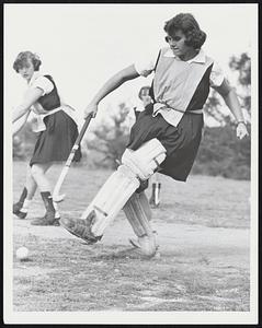 Goaltender Barbara Olnsky of Brighton playing in a field hockey match at Bouve-Boston hockey field