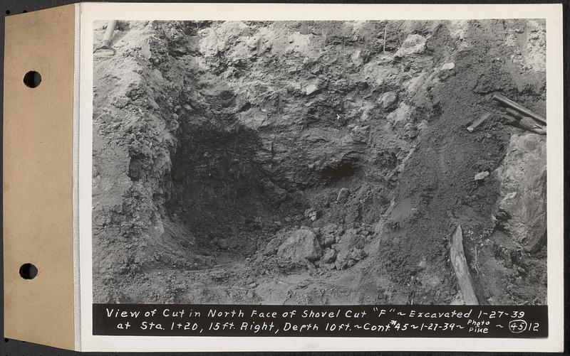 Contract No. 45, Exploration by Shovel Cuts of Borrow Areas for Main Dam and Dike, Belchertown, Enfield, Ware, view of cut in north face of shovel cut "F", excavated Jan. 27, 1939 at Sta. 1+20, 15 ft. right, depth 10 feet, Belchertown, Mass., Jan. 27, 1939