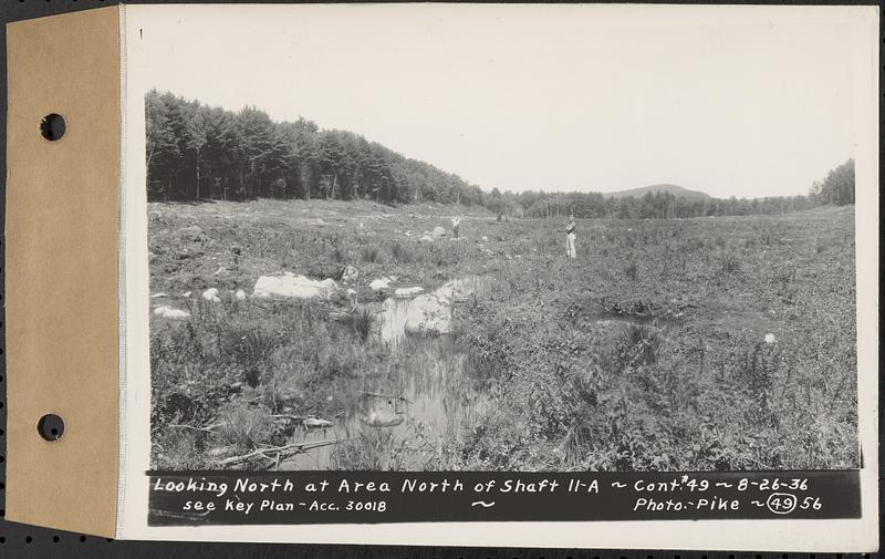 Contract No. 49, Excavating Diversion Channels, Site of Quabbin Reservoir, Dana, Hardwick, Greenwich, looking north at area north of Shaft 11A, Hardwick, Mass., Aug. 26, 1936