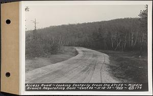 Contract No. 66, Regulating Dams, Middle Branch (New Salem), and East Branch of the Swift River, Hardwick and Petersham (formerly Dana), Access Road, looking easterly from Sta. 27+50, middle branch regulating dam, Hardwick, Mass., Nov. 10, 1939