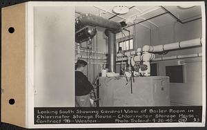 Contract No. 96, Chlorine Storage House and Equipment and Chlorinating Equipment for Gate House at Norumbega Reservoir, Weston, looking south showing general view of boiler room in chlorinator storage house, chlorinator storage house, Weston, Mass., Sep. 26, 1940