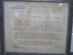 Framed document declaring Nicolas Dike to be ensign of the military foot company in Narraganset