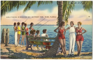 Girls fishing in Biscayne Bay, Bayfront Park, Miami, Florida