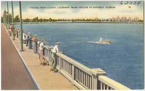 Fishing from county causeway, Miami skyline in distance, Florida