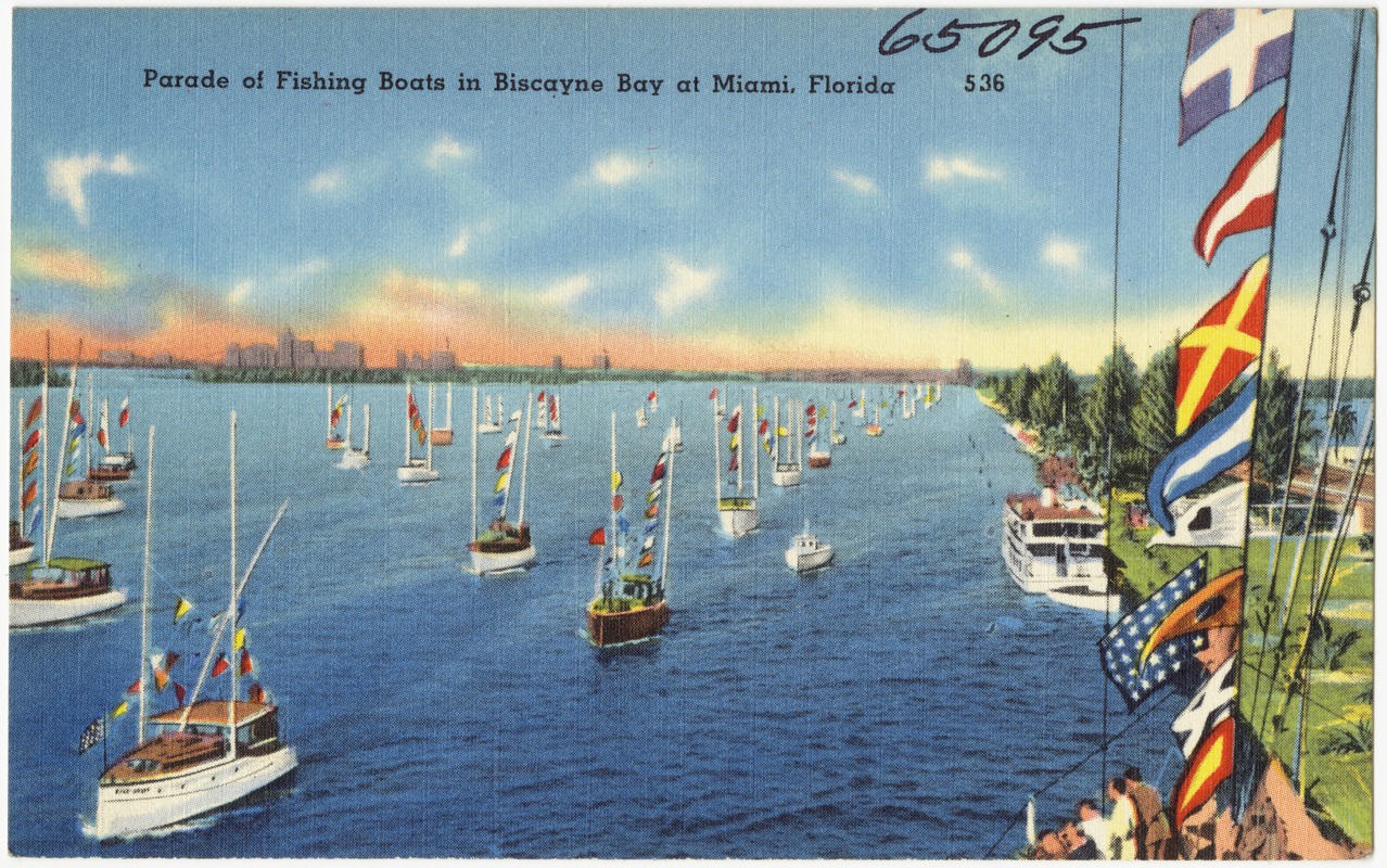 Parade of fishing boats in Biscayne Bay at Miami, Florida