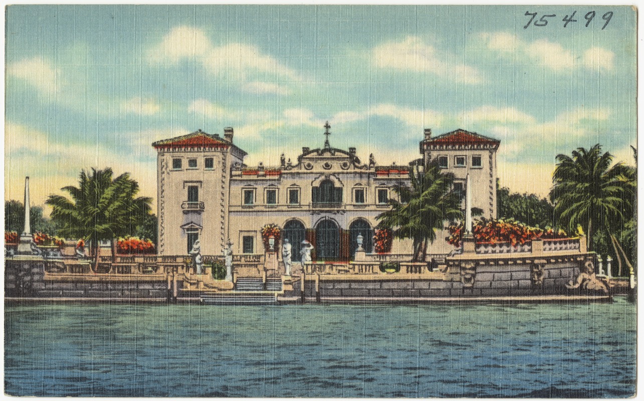 Front view of the late James Deering Home and Stone Barge forming part of the fabulous $16,000,000. Deering Estate, Villa Viscaya, as seen from the Deluxe Sightseeing Show Boat.