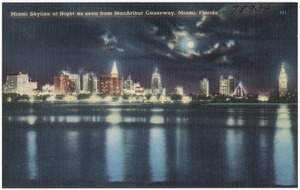 Miami skyline at night as seen from MacArthur Causeway, Miami, Florida