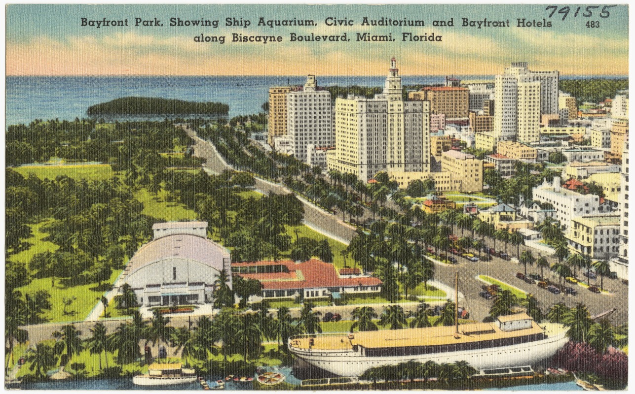 Bayfront Park, showing ship aquarium, civic auditorium, and Bayfront hotels along Biscayne Boulevard, Miami, Florida