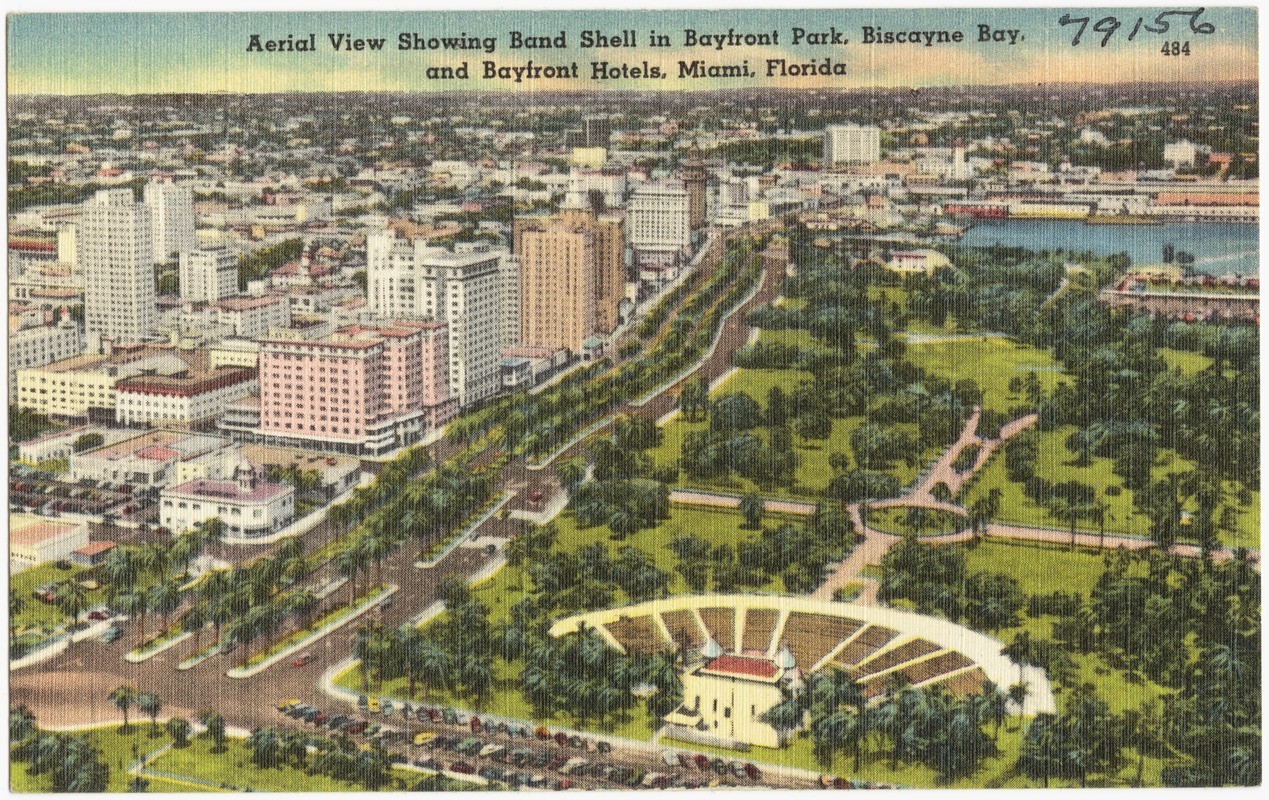 Aerial view showing band shell in Bayfront Park, Biscayne Bay, and bayfront hotels, Miami, Florida
