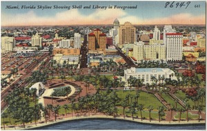 Miami, Florida skyline showing shell and library in foreground