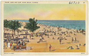 Palms, sand, and surf, Miami Beach, Florida