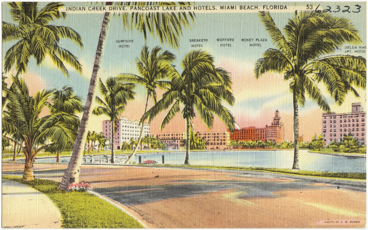 Indian Creek Drive, Pancoast lake and hotels, Miami Beach, Florida