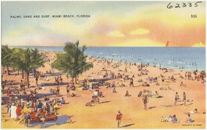 Palms, sand, and surf, Miami Beach, Florida