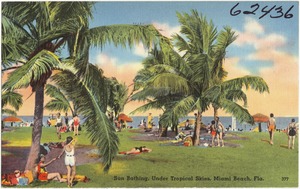 Sun bathing, under tropical skies, Miami Beach, Florida