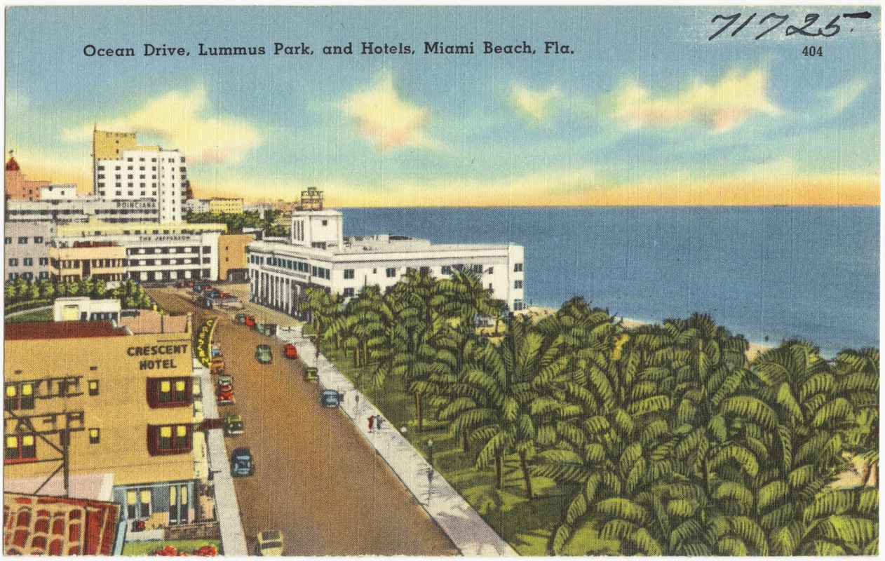 Ocean Drive, Lummus Park, and hotels, Miami Beach, Florida