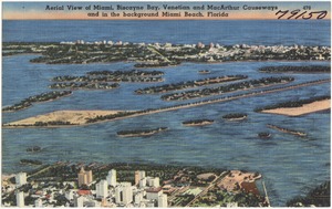 Aerial view of Miami Biscayne Bay, Venetian and MacArthur Causeways and in the background, Miami Beach, Florida