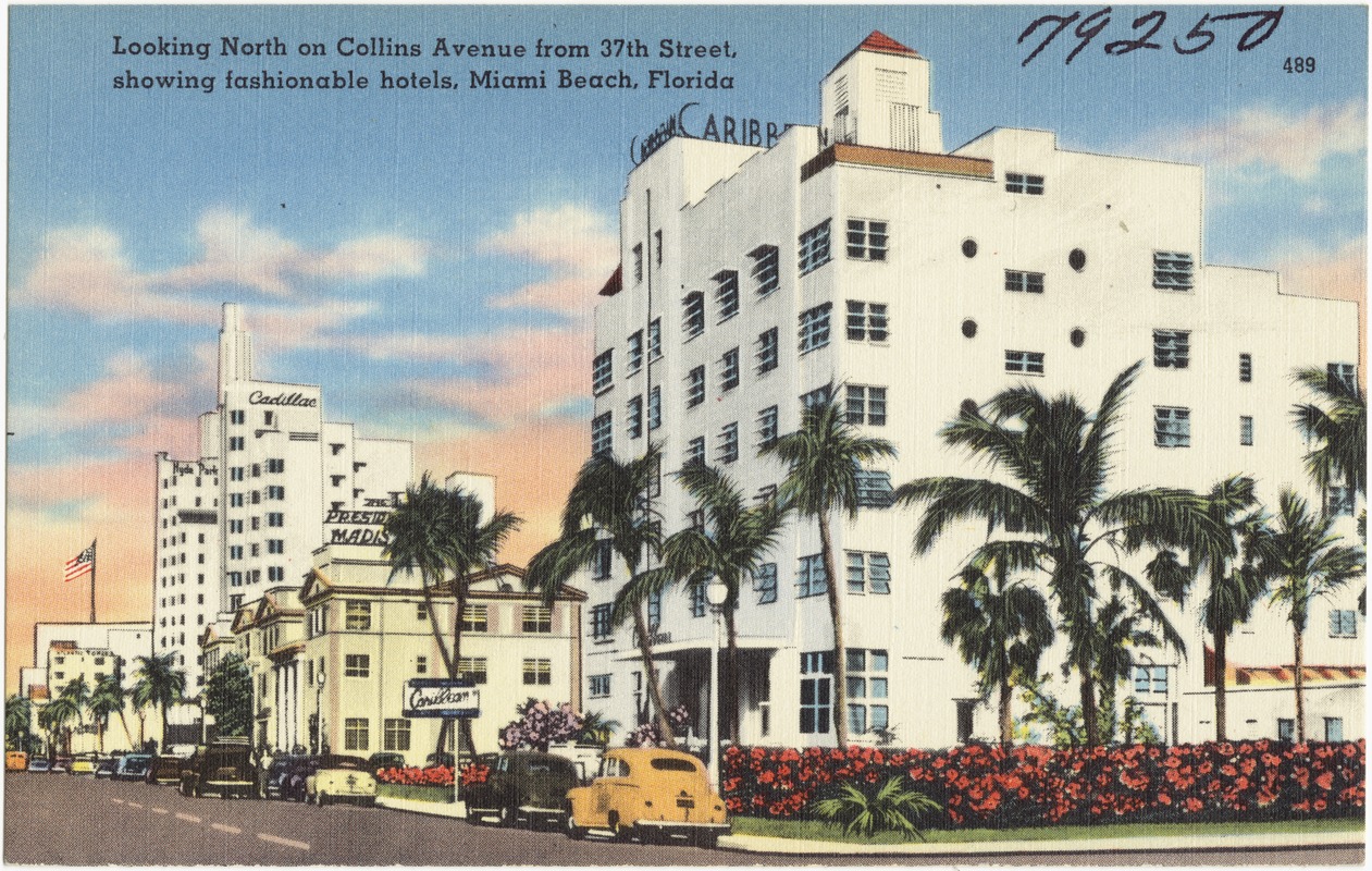 Looking north on Collins Avenue from 37th Street, Showing fashionable hotels, Miami Beach, Florida