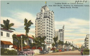 Looking south on Collins Avenue, from 43rd Street, Showing its fashionable hotels, Miami Beach, Florida