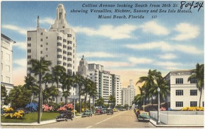 Collins Avenue looking south from 36th St. showing Versailles, Richter, Saxony, and Sea Isle Hotels, Miami Beach, Florida