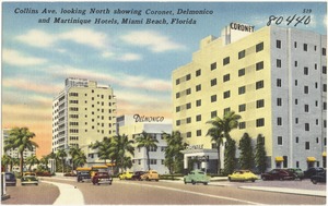 Collins Ave. looking north showing Coronet, Delmonico, and Martinique Hotels, Miami Beach, Florida