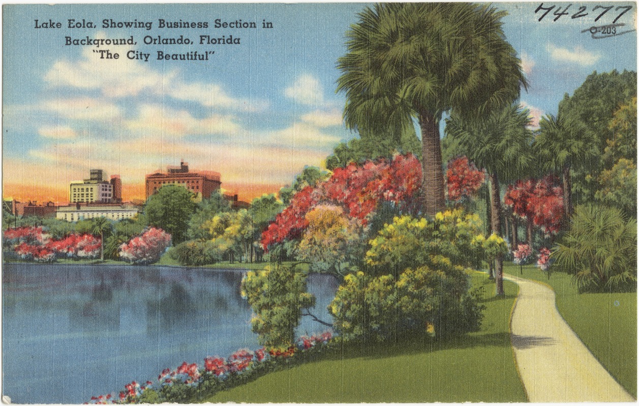 Orlando Florida Skyline & Fountain From Across Lake Eola~Continental  Postcard