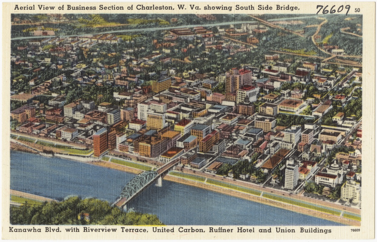 Aerial view of Business Section of Charleston, W. Va., showing South Side Bridge, Kanawha Blvd. with Riverview Terrace, United Carbon, Ruffner Hotel and Union buildings