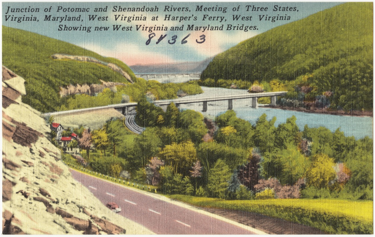 Junction of Potomac and Shenandoah Rivers, meeting of three states, Virginia, Maryland, West Virginia and Maryland bridges.
