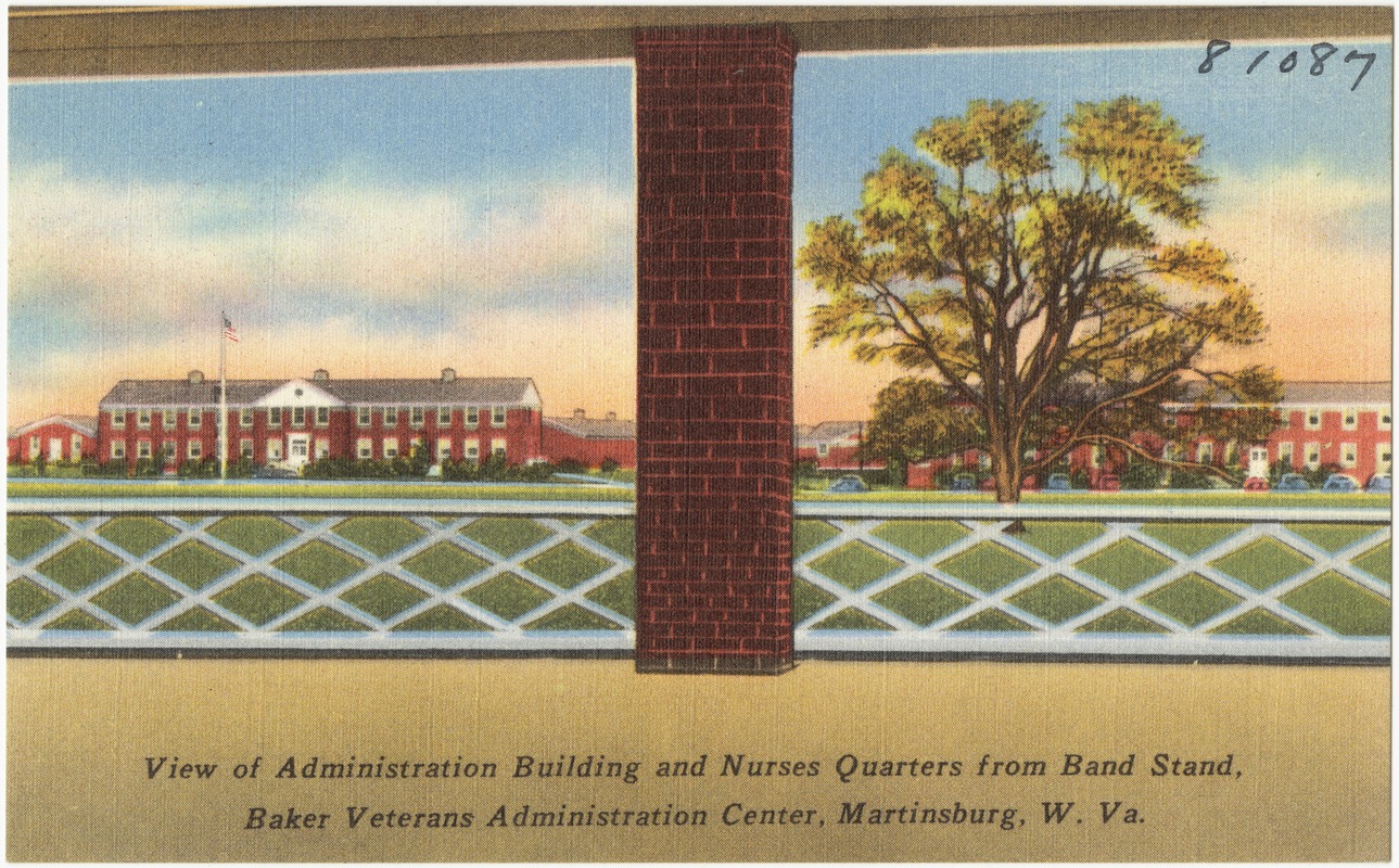 View of administration building and Nurses Quarters from band stand, Baker Veterans Administration Center, Martinsburg, W. Va.