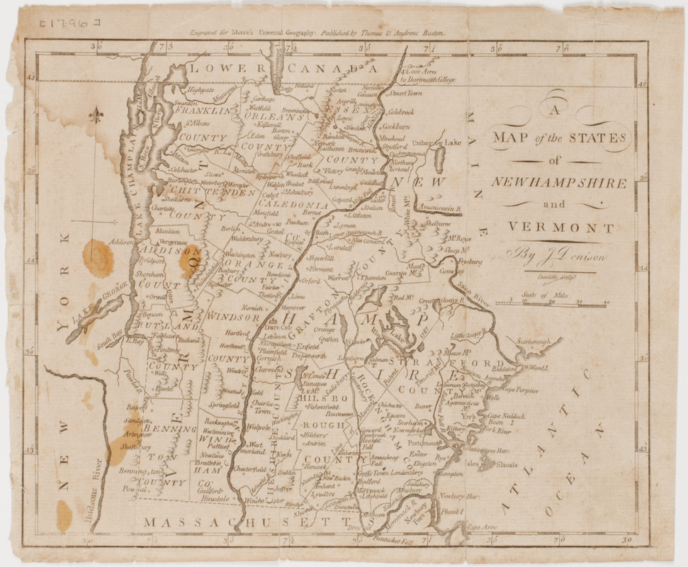 A map of the states of New Hampshire and Vermont