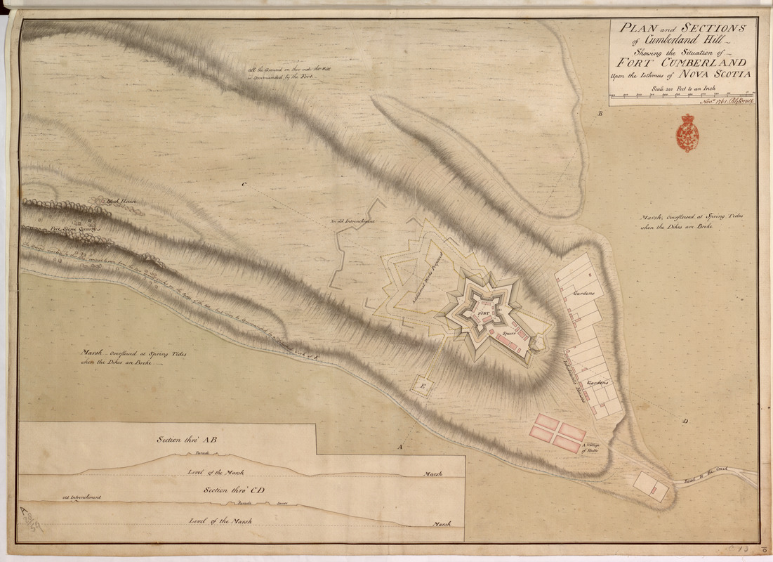 PLAN and SECTIONS of Cumberland Hill Showing the Situation of FORT CUMBERLAND Upon the Isthmus of NOVA SCOTIA