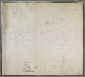 [A map of Lake Erie with the route southward from Fort Presqu'Isle to Fort Cumberland, with inset plans of Fort Pitt, Fort Venango, Fort Le Boeuf and Fort Presque Isle]