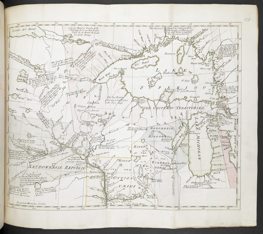 [Map showing Jonathan Carver's travels west of the Great Lakes.]