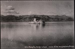 Nauplia. Burgi island. View of the mountains of Argo