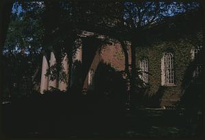Portico and ivy-covered wall of building partly in shadow