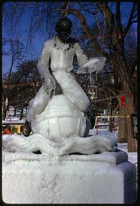 Ice-covered statue representing Learning, Boston Common