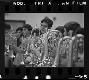 Drum-and-bugle practice in high school gym, Lynnfield