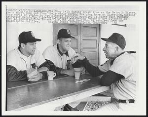 Shop talk during break time as the Detroit Tigers take a short time from their early spring training here at Tigertown. Passing long words of wisdom to two players recently acquired is Tiger base running instructor Bernie "Mr. Slide" DeViveiros (R). Listening intently are pitchers Ed Rakow (L), acquired from Kansas City, and Jack Hamilton (C), acquired from the Philadelphia Phillies.