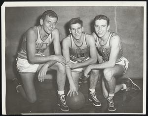The Somerville Influence at Tufts is exemplified by these thee Jumbo basketball standouts who formerly starred on the court for Somerville High when it was winning Greater Boston League crowns and making its presence felt in New England interscholastic tournament play. Left to right - Don Goodwin, center; Capt. Al Perry, guard; Jim Mullaney, guard.