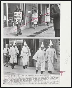 Negroes And Klansman Picket-- Negroes Picketed downtown department and variety stores today despite the appearance of white-robed Ku Klux Klansman. Hooded but unmasked klansman paraded in single file in front of Rich's, Atlanta's largest department store, mingling with holiday shoppers. Negro pickets appeared on opposite sides of the streets around the store. Klan leaflets passes out to shoppers called for "action now" to maintain segregation.