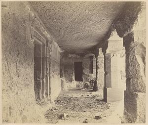 View from the left looking along interior of verandah of the two-storeyed Buddhist Vihara, Cave V, Ajanta