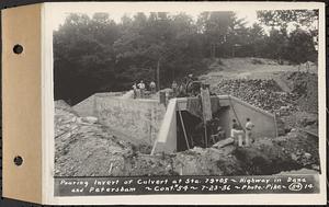 Contract No. 54, Highway in Towns of Dana, Petersham, Worcester County, pouring invert of culvert at Sta. 79+05, Dana and Petersham, Mass., Jul. 23, 1936