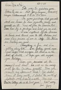 A War Prisoner Speaks-Pvt. Jerry Langone, prisoner of the Italians in Tunis, wrote the above letter to his "pa and ma," Mr. and Mrs. John Langone of 5 Lincoln street, Somerville. They are "treating me good," says Jerry, and "how did Boston College do in the Bowl game?" (Not so hot, Jerry).