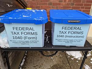 Storage totes containing federal tax forms