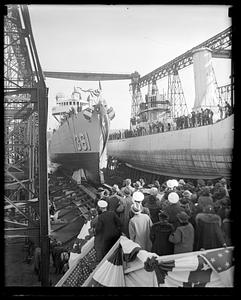 USS Clark (DD-361) launching from Fore River Shipyard in front of spectators