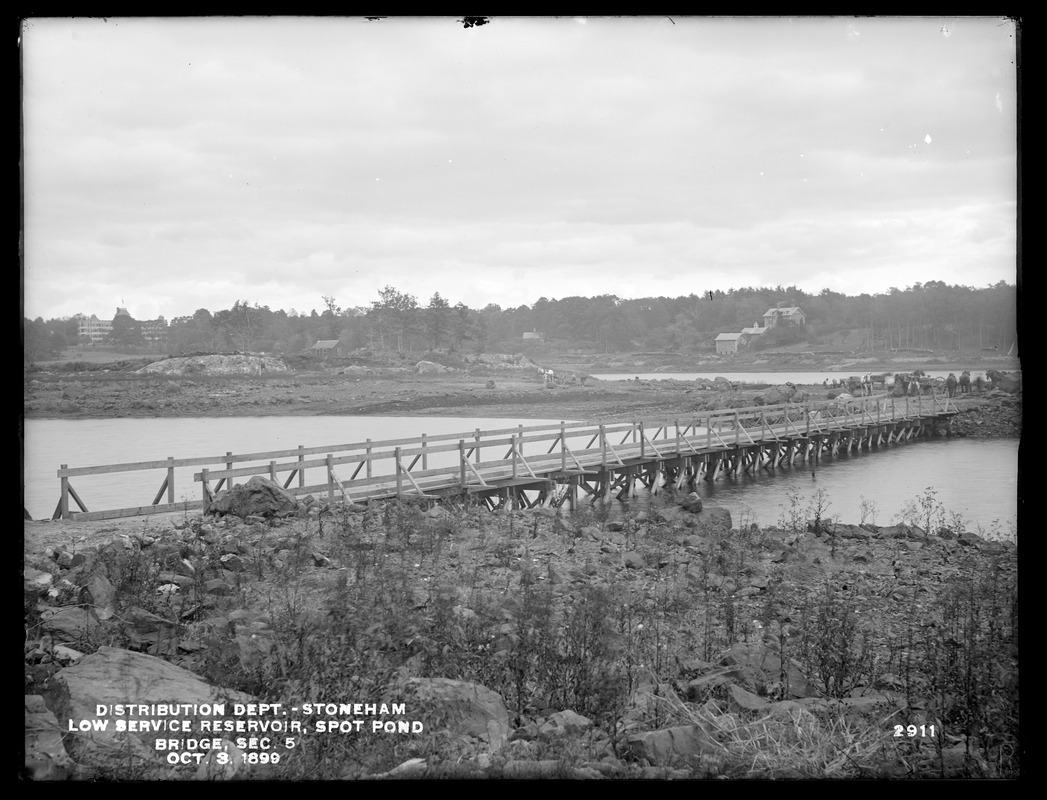 Distribution Department, Low Service Spot Pond Reservoir, bridge between west shore and Mud Island, Section 5, from the west, Stoneham, Mass., Oct. 3, 1899
