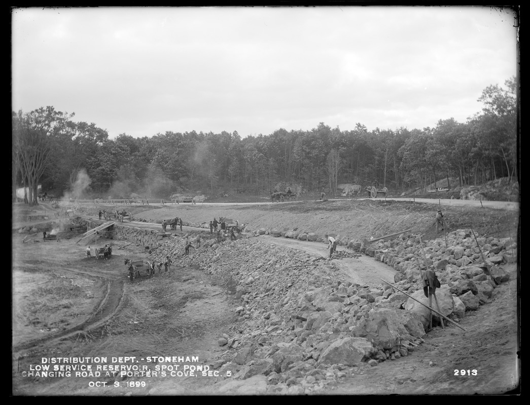 Distribution Department, Low Service Spot Pond Reservoir, changing road at Porter Cove, Section 5, from the north, Stoneham, Mass., Oct. 3, 1899